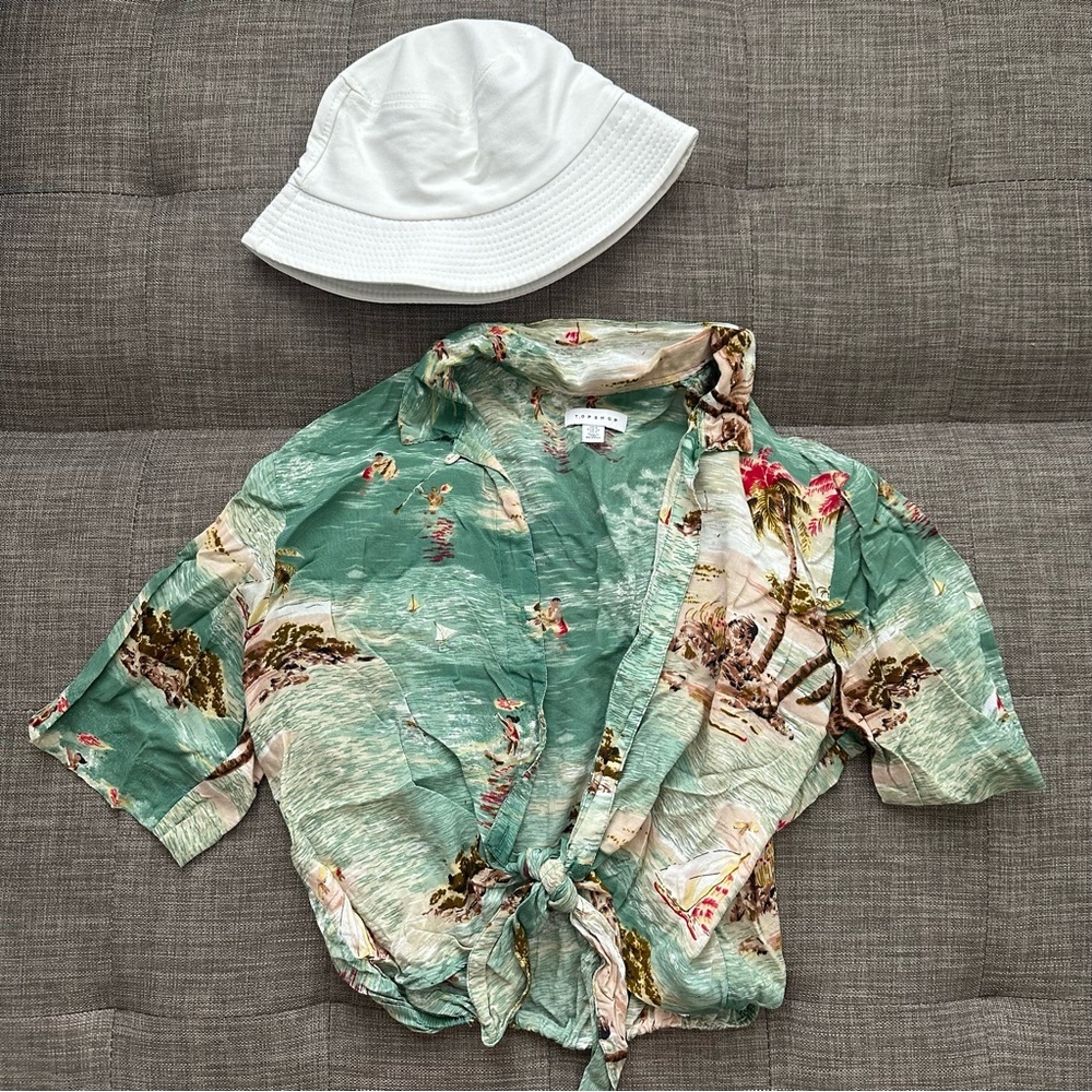 Topshop Green Tie Front Tropical Print Blouse